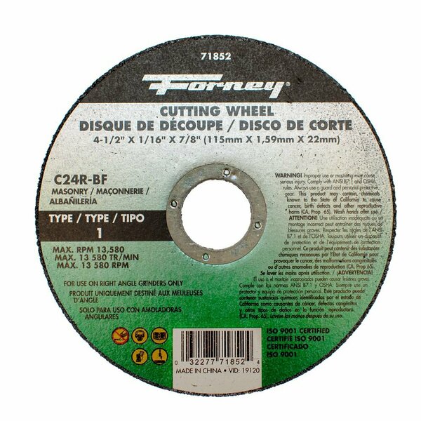 Forney Cutting Wheel, Masonry, Type 1, 4-1/2 in x 1/16 in x 7/8 in 71852